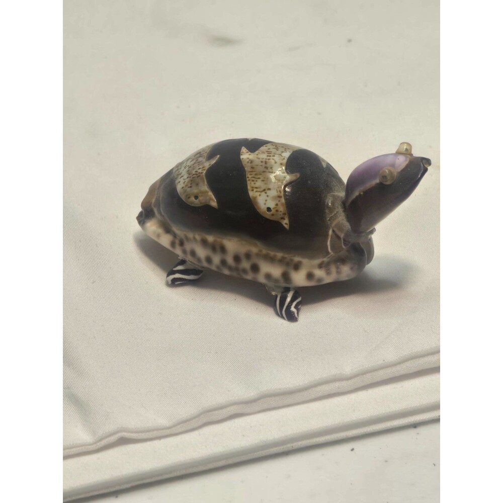 Vtg Hand Carved Smooth Polished Turtle made of shells w/ Dolphins 2.75x1.5x1.5"